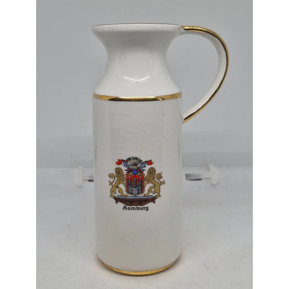 Vintage Reutter Porzellan Pitcher Hamburg Coat of Arms White Gold Trim W Germany